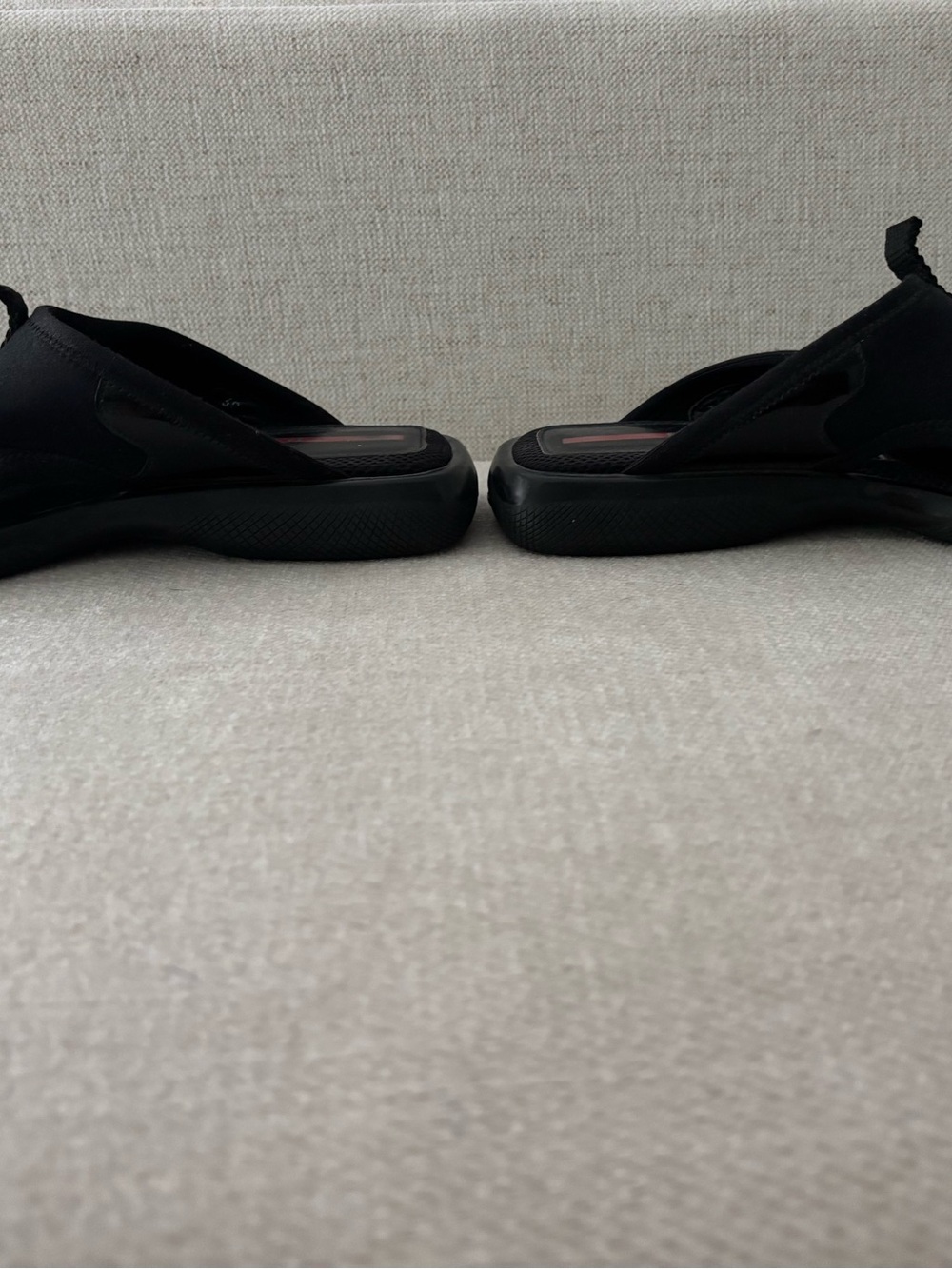 Prada Black Mesh & Patent Trim Slide Sandals with Red Insole Stripe - Picture 3 of 8